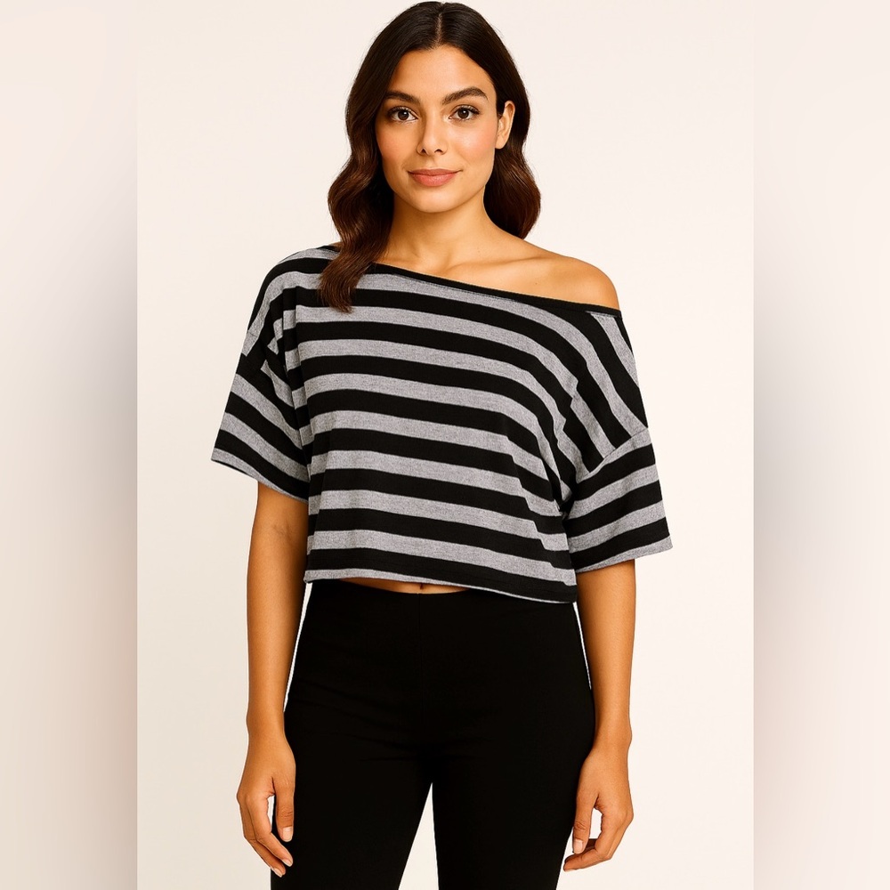 Cropped Black and Gray Striped Women's Top